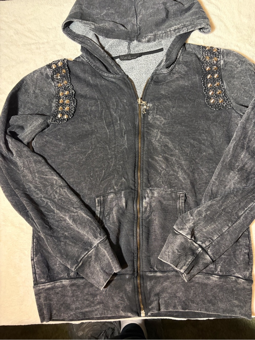 Vintage Solitaire Distressed Black Embellished Zip Hoodie